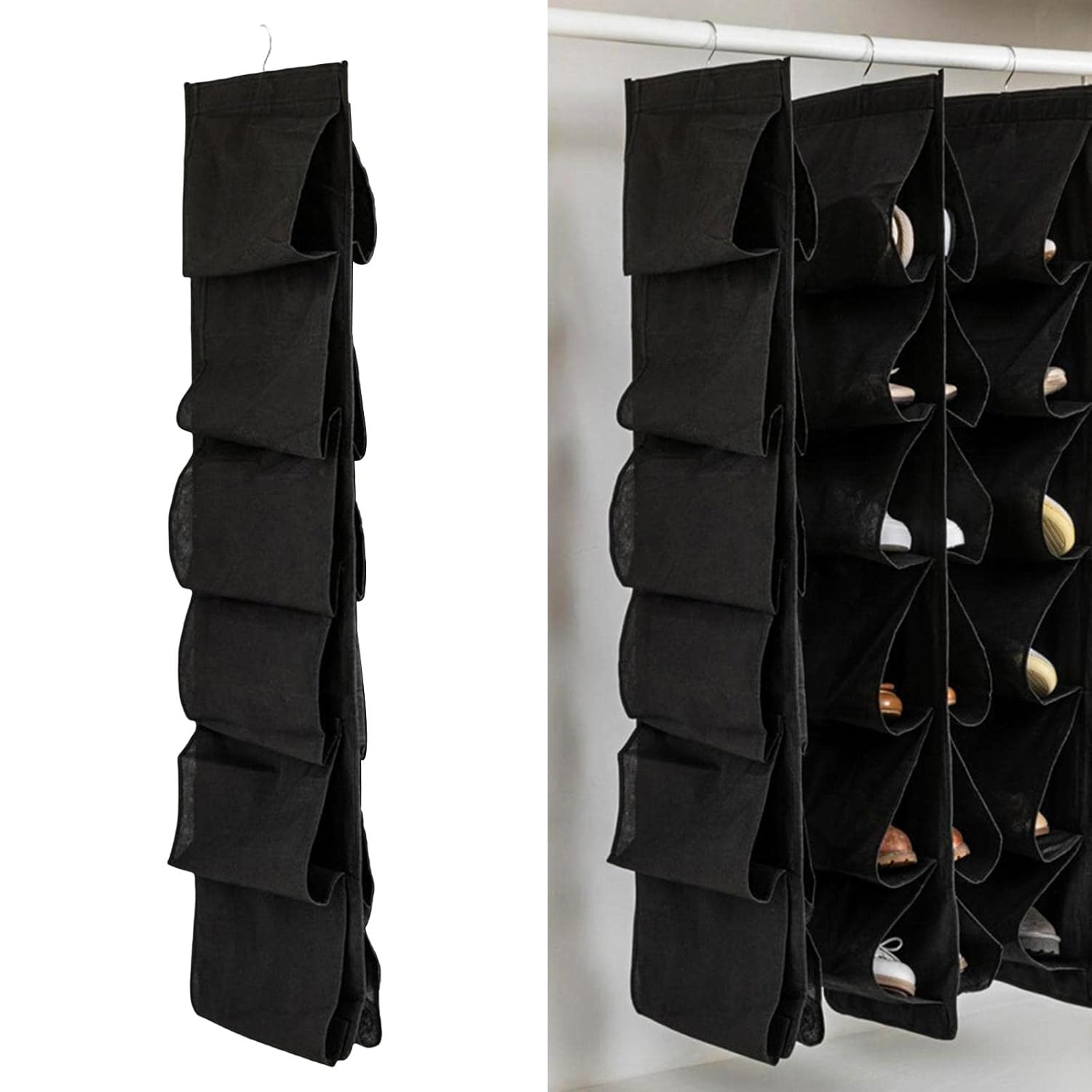 Organizator suspendat pentru pantofi, Zola®, 12 compartimente, agatatoare metalica, 117 x 32 cm, negru Organizator suspendat pentru pantofi, Zola®, 12 compartimente, agatatoare metalica, 117 x 32 cm, negru